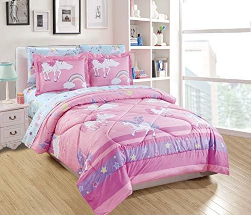Luxury HomeCollection 7 Piece Full Size Comforter Set for Girls/Teens Unicorn Castle Rainbow Clouds Moon Shining Stars Blue Pink Purple Yellow