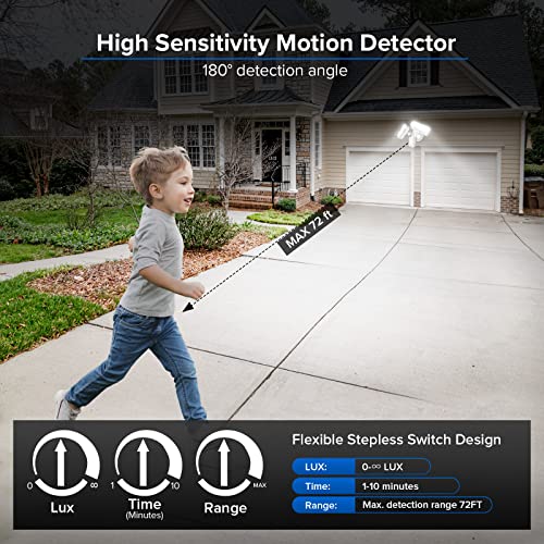SANSI 38W 5000LM Luces de sensor de movimiento al aire libre, luces de inundación al aire libre con detector de 4 modos ajustables, equivalente a 500W 5000K de atardecer a amanecer, IP65 impermeable