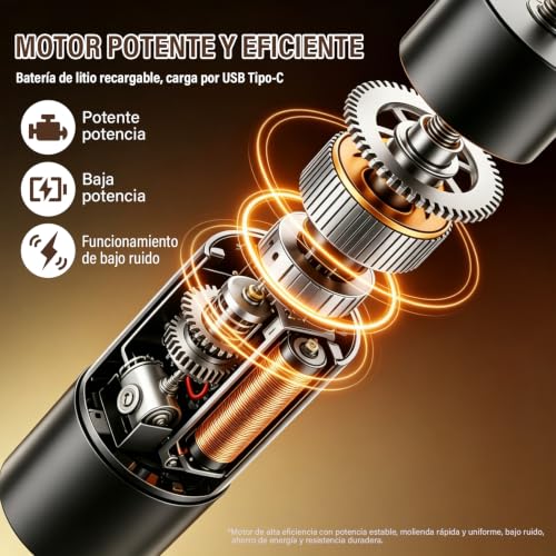 GALASALA Salero y Pimentero Eléctrico de 2 Piezas, Alta Capacidad | Molino de Sal y Pimienta con Grosor Ajustable, Moledor de Pimienta Ideal para Sal Marina, Especias, Cocina y BBQ