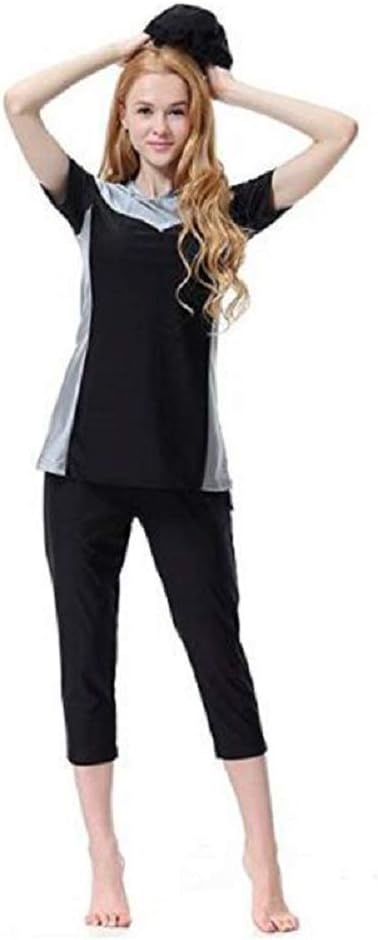 Women's Color Block Surfing Suit Modest Short Sleeve 2 Piece Swimsuit Swimwear Muslim Islamic Burkini Costume