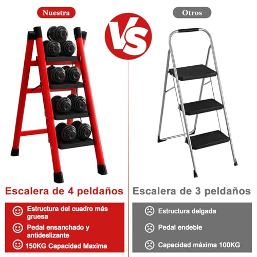 ADILIKADII Escalera Plegable de Acero，Escalera 4 Peldaños Doméstica Portátil con Pedal Ancho Antideslizante, Escalera Tubular Escalera de Tijera Tipo de Interior Exterior Hogar Oficina Cocina Garaje