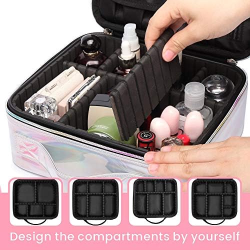 Cosmetic Organizer Case, BuyAgain Holographic Makeup Case Water-resistant Cosmetic Bag With Adjustable Dividers for Travel, Silver 3 Cosmetic Organizer Case, BuyAgain Holographic Makeup Case Water-resistant Cosmetic Bag With Adjustable Dividers for Travel, Silver