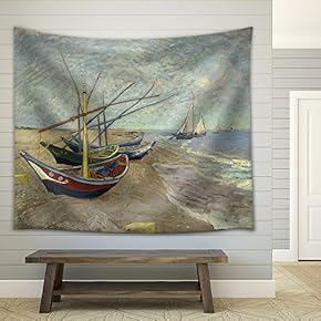 "Fishing Boats on The Beach at Saintes-Maries by Vincent Van Gogh - Fabric Tapestry, Home Decor - 51x60 inches