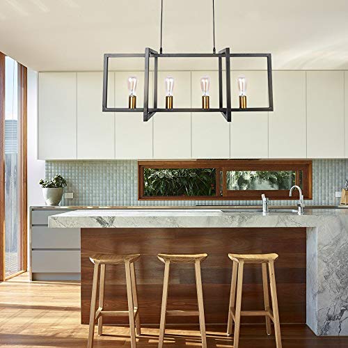Lingkai Modern Kitchen Island Light Pendant Chandelier 4-Light Ceiling Light Industrial Pendant Lighting Fixture Matte Black with Antique Brass Finish