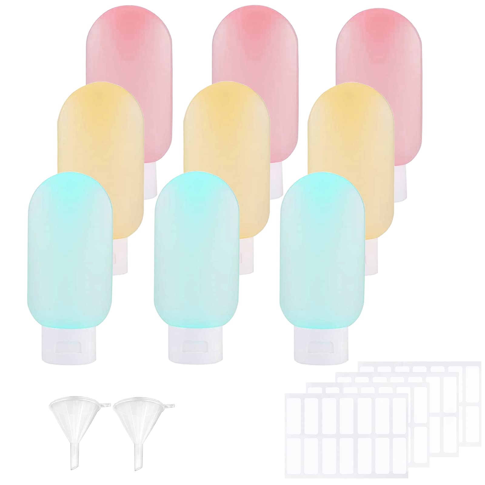DRADERCH 9 Pcs Travel Bottles for Toiletries 60ml Travel Containers Leak Proof Refillable Squeezable Containers Set Travel Toiletry Bottles Travel Accessories with Funnel Labels for Shampoo Lotion