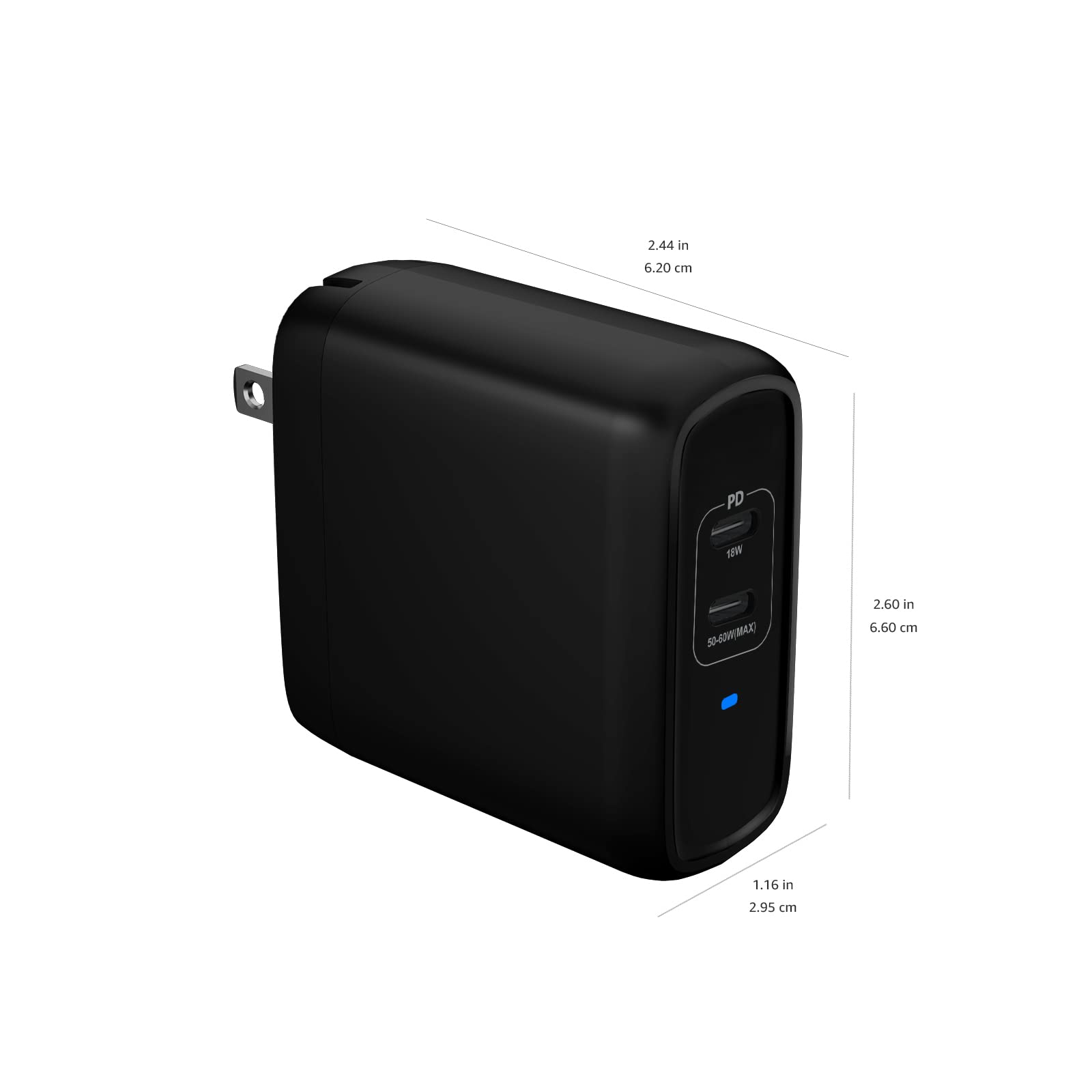 Amazon Basics 68W Two-Port GaN Wall Charger with 2 USB-C Ports (60W, 18W) with PD for Laptops, Tablets & Phones (iPhone 16/15/14/13/12/11/X, iPad, MacPro, Samsung, and More), Non-PPS, Black