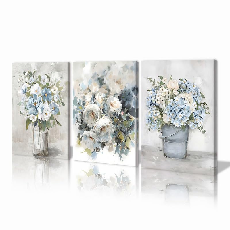 Photo 1 of KAWAHONE Vintage White Flowers Canvas Wall Art, 12x16 inches, 3 Count, Living Room, Bedroom, Office