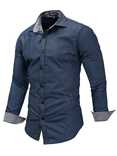 Neleus Men's Long Sleeve Button Down Striped Shirt,121,Dark Blue,US M,EU L