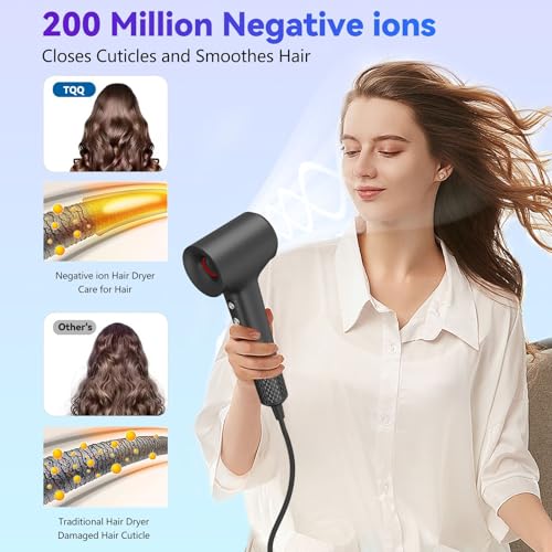 TQQ Hair Dryer, Hair Dryer with 200 Million Negative Ions, Brushless Motor 110,000 RPM for Fast Drying, Professional Hair Dryer 57 dB Suitable for Travel and Home
