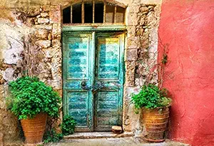 Leyiyi 8x6ft Photography Backdrop Greece Architecture Background Italian City Street Vintage Rural Building Oilpaiting Door Mediterranean Style Grunge House European Photo Portrait Vinyl Studio Prop