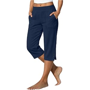 Cotton Linen Capri Pants for Women Split Hem Petite Bermuda Shorts Knee Length Elastic Waist Summer Beach Long Shorts