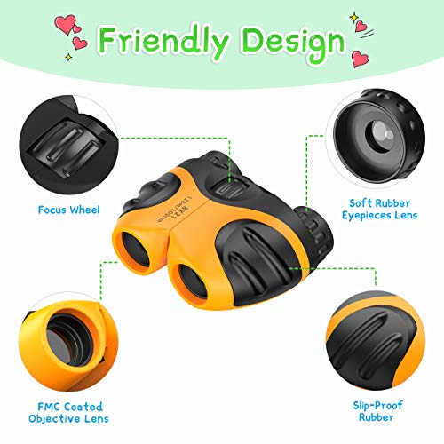 The advanced design of our binoculars is sure to impress both kids and grown-ups alike. The grip has been ergonomically patented to fit the hands of children, making it easy to focus and comfortable to hold. The non-slip and scratch-proof feature adds another layer of safety and durability. With a super magnification of 8X and a 7.2 viewing angle, the FMC prism green-coated optics system will provide crystal-clear and colorful images. The multi-layer broadband coating technology lets you see the scene more realistically, and the binoculars can be adjusted to match the eye distance for each child, making them ideal for family trips, bird watching, hunting, and much more! 