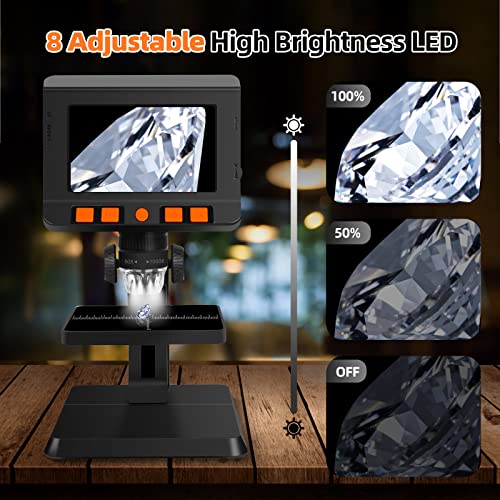 Digital Coin Microscope 4.3 inch Screen Handheld Microscope 1080p LCD Digital Microscope Video Camera 1000X Coin Magnifier with 8 Adjustable LED Lights for PCB Soldering for Adults/Kids Outside Use.