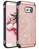 Galaxy S6 Edge Case, S6 Edge Case, BENTOBEN 2 in 1 Luxury Glitter Bling Hybrid Slim Hard Covers Sparkly Shiny Faux Leather Chrome Shockproof Protective Case for Samsung Galaxy S6 Edge, Rose Gold