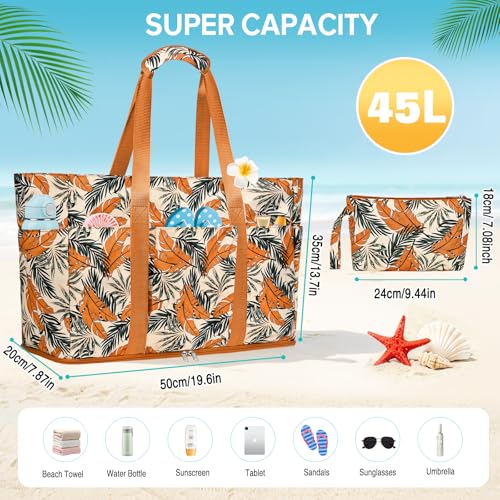 LUROON Large XXL Family Beach Bag with Zip, Waterproof, Women's Beach Bag, Foldable, Shopper, Beach Bag for Travel, Shopping, 50 x 35 x 20 cm, orange