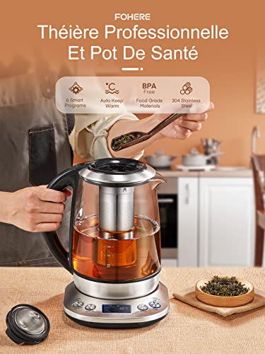 FOHERE Electric Glass Kettle, Adjustable Temperature Electric Teapot, 2200 W, 120 Mins Warm Function, Removable Tea Infuser 1.7 L