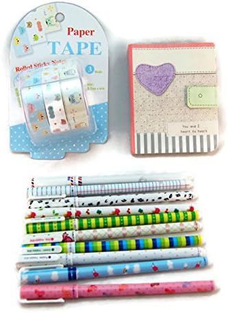 Cute Kawaii Party Favors Raffle Prize Set of 10 Color Gel Pens, 1 Pocket Notebook and Adorable Sticky Notes (Blue)