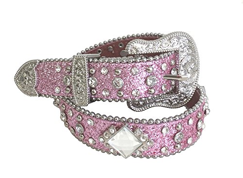 Girls Western Leather Belt Silver Buckle Diamond Crystal Conchos Glitter Pink