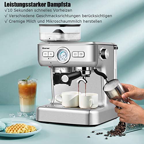 COSTWAY Siebträgermaschine mit 30 Stufen Mahlwerk, Kaffeemaschine mit Milchaufschäumdüse, Espressomaschine mit PID… – Bild 6