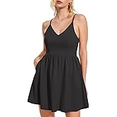ROYLAMP Women's Casual Spaghetti Strap Dresses Elegant V-Neck A-line Swing Petite Tiered Short Mini Dress with Pockets