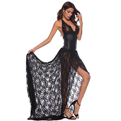 Danhjin Women Sexy Long Dresses Alluring Stunning Sexy Underwear Bodysuit Long Dress Lace Lingerie (Black, L)