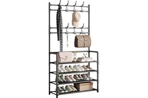 Jurbnlp 4-Tier Entryway Coat Rack, Coat and Shoe Rack, Coat Rack with Shoe Storage Coat Rack Freestanding with 8 Hooks for Bedroom, Hallway, Office, Black