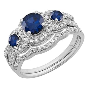 Round Gemstone & White Diamond Ladies 3 Stone Halo Bridal Engagement Ring With Matching Band Set, 10K White Gold