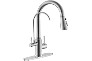 APPASO Kitchen Faucet with Water Filter, Pull Out 3 Way Sink Faucets with Sprayer, High Arch 2 Handle Faucet - 2 in 1 Faucets Brushed Nickel, Without Water Filtration Device