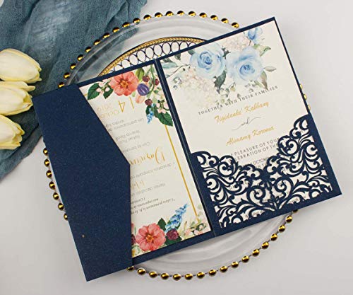 1set 5x7 inch 250gsm Navy Blue Laser Cut Hollow Vine tri fold Pocket Wedding Invitations Cards with Envelopes for Wedding Bridal Shower Invites