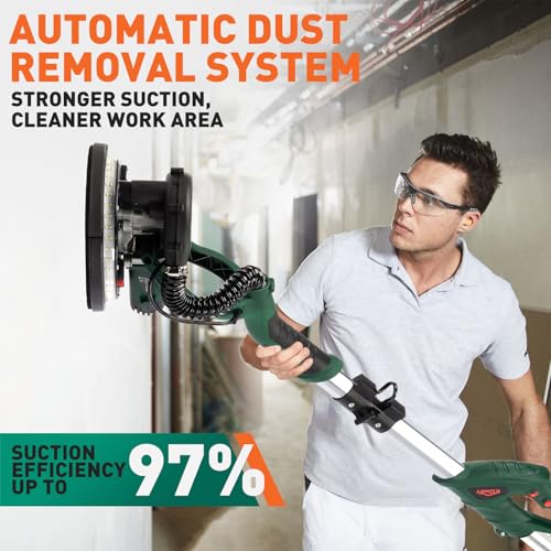 KUIMIT Drywall Sander, 850W Electric Sander with 12 Pcs Sanding Discs, 6 Variable Speed 800-1750 RPM Wall Sander with Extendable Handle, LED Light, Long Dust Hose, Storage Bag