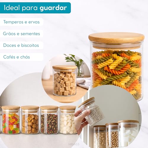 Kit 08 Potes Herméticos de Mantimentos 200ml Pote Redondo de Vidro com Tampa De Bambu Premium