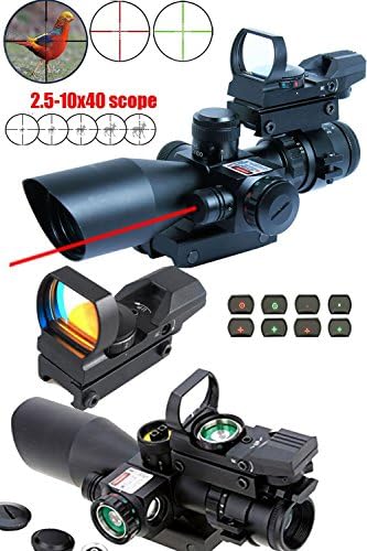 Ledsniper Rifle Scope 3-in-1 2.5-10x40 Sight Red Laser Rail Mount+4 Reticle R&amp;G Dot Open Reflex Sight w/ Weaver-picatinny Rail Mount for 11 Mm Rails+scope Barrel Mount