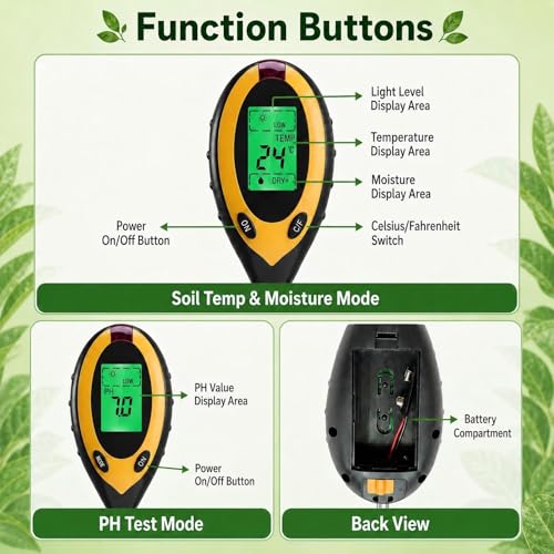 ZestEcho Medidor Humedad Plantas 4 en 1 Digital con LCD retroiluminada, medidor ph Tierra, Humedad Temperatura y luz, medidor de Suelo para jardín huerto césped Plantas Interior Exterior