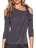 Clothink Women Gray and White Asymmetric neck Cold Shoulder Twist Ruched Blouse