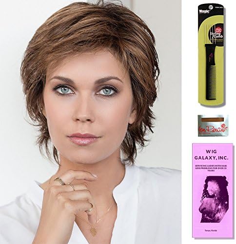 Fame (Hair Society Collection) by Ellen Wille, Wig Galaxy Booklet, Wig Cap, &amp; Wig Styling Pick (Bundle - 4 Items) (CHOCOLATE ROOTED)