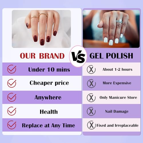 Press On Nails Short - Jofay Fashion Acrylic Press On Nails Red, Square Glue On Nails with Nail Glue, Fit Perfectly & Natural Stick On Nails in 12 Sizes - 24PCS Soft Gel Fake Nails Kit, Wine Red - Image 4