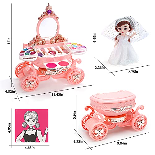 EveStone Kids Makeup Kit for Girl, 3 in 1 Play Makeup Set with Washable Non-Toxic Cosmetic, Princess Doll, 51PCS Real Make Up Toys Birthday Gift for Toddler Children Age 3-4-5-6-7-8-9 Year Old