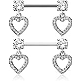 Pierced Owl 14GA 316L Stainless Steel Prong Set CZ Crystal with Dangling Heart Nipple Barbells, Sold as a Pair