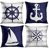 Emvency Set of 4 Throw Pillow Covers Summer Nautical Costal Navy Blue White and Gray Stripe Helm Anchor Boat Star Decorative Pillow Cases Home Decor Standard Square 16x16 Inches Pillowcases