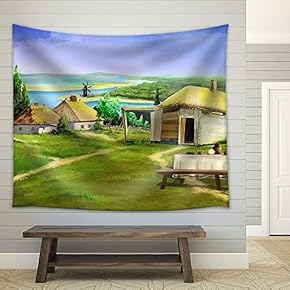 Traditional Farm Buildings in The Old Village in The Depths of Eastern Europe - Fabric Wall Tapestry Home Decor - 51x60 inches