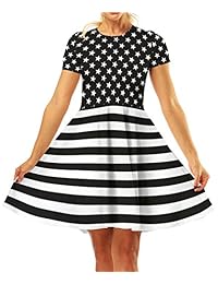 Pattrily - Vestido de manga corta con cuello redondo y estampado 3D para mujer