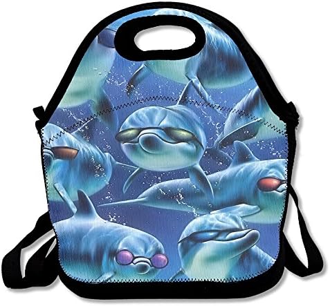 Funny Dolphins Picture Insulated Lunch Bag - Neoprene Lunch Bag - Large Reusable Lunch Tote Bags For Women, Teens, Girls, Kids, Baby, Adults Portable Carry