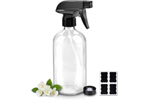 Worldgsb Glass Spray Bottles, 16oz Refillable Containers, Empty Boston Round Bottles with Labels & Adjustable Nozzle for Cleaning, Gardening, Aromatherapy, Pets, Plant, Hair -Clear (1 Pack)