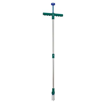 ECD Germany Unkrautstecher 100cm mit Stahlkrallen Alu Stange Grün-Grau mit Auswurf-Mechanismus Unkrautentferner Unkrautvernic