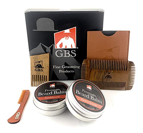 GBS Mens Beard Balm & Comb Gift Set - Beard Balm Combo - Sweet Orange + Sandalwood Conditioning Balm & Beard Mustache Comb Combo - Multi Side Natural Wood Beard Comb + Anti Static Travel Mustache Comb