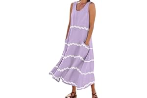 RDEGOOCHA Women's Cotton Linen Maxi Sun Dress Crewneck Sleeveless Tshirt Long Flowy Casual Pocket Cute Printed Tank Dresses