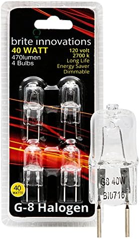 Brite Innovations G8 Halogen Bulb, 40 Watt (4 Pack) Dimmable Soft White 2700K -120V-Bi Pin -Q20, CL, T4 JCD Type, Clear Light Bulb