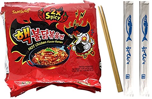 Samyang 2X Spicy Hot Chicken Flavor Ramen, 1.55 Pound 5 Packs Plus 2 Chopsticks (2X Spicy, 1Pack(Total 5))