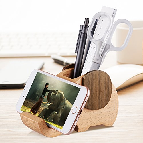 AhfuLife Wooden Elephant Phone Stand with Pen&Pencil Cup Holder/Pot for iphone Samsung Sony Huawei, Desk Decoration Multi-functional Stationery Organizer, Best Gift for Valentine's Day, Mother's Day