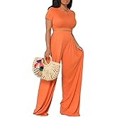 YouSexy Casual Summer 2 Piece Outfits for Women Short Sleeve Crop Top High Waist Wide Leg Pants Sets